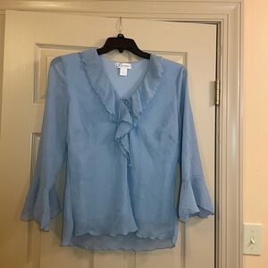 Dressbarn V-Neck Light Blue Ruffled Women's‎ Top with Tie Detail, Size Large